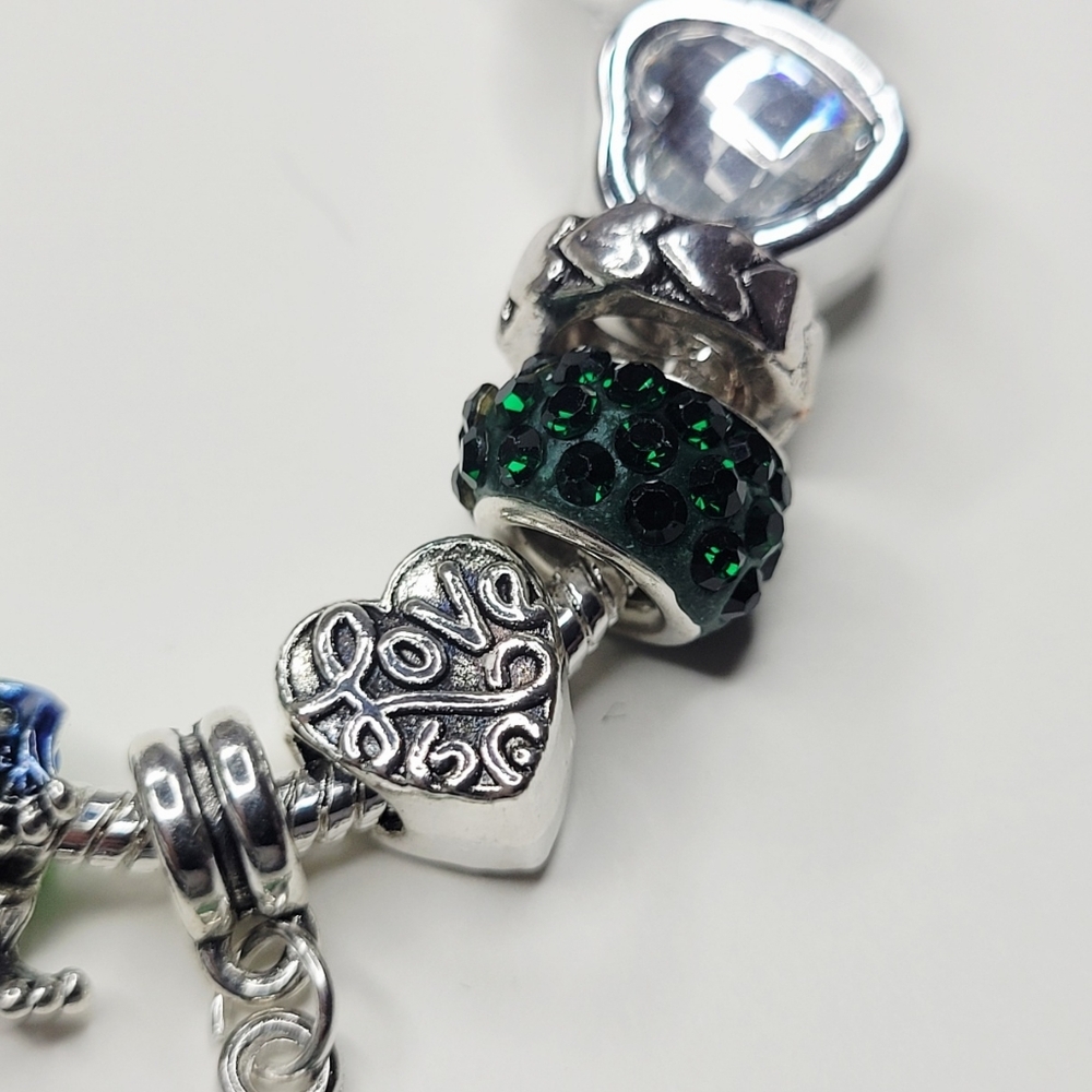 NWT Pandora Style Frog And Dragonfly Snake Chain Charm Bracelet Green Silver M/L - Picture 7 of 9